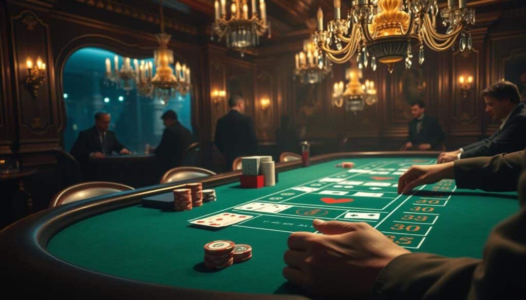 Detailed illustration of the rules of Baccarat, a classic casino card game. A luxurious, dimly lit table with green felt surface, surrounded by ornate wooden paneling. Crystal chandeliers cast a warm glow, illuminating the cards, chips, and the croupier's hands as they deal the cards. In the foreground, a close-up view of the table layout, highlighting the betting areas and the card values. In the background, shadowy silhouettes of players engrossed in the game. The atmosphere evokes the thrill and sophistication of high-stakes casino gaming.
