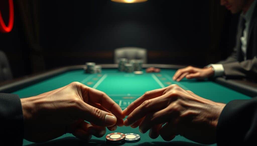 Detailed scene of a professional gambler's gaming strategy and principles. In the foreground, a focus on a pair of hands holding casino chips, conveying the precision and control of a seasoned player. In the middle ground, a minimalist casino table with a green felt surface, inviting the viewer to imagine the game unfolding. The background is dimly lit, emphasizing the intensity and concentration of the player. Dramatic lighting casts sharp shadows, creating a sense of high-stakes tension. The composition is clean and uncluttered, allowing the subject to take center stage. An atmosphere of discipline, calculation, and unwavering commitment to the game permeates the scene.