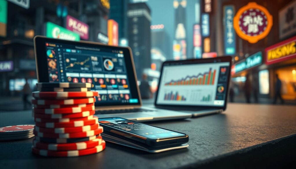 Detailed scene showcasing the influential factors affecting online casino bonus and top-up offers in Taiwan. In the foreground, a stack of colorful casino chips, credit cards, and a mobile phone displaying various online promotions. The middle ground features a laptop showing an analysis of customer preferences and behavior. In the background, a blurred cityscape with bustling streets and neon signs, symbolizing the competitive online gaming landscape. Dramatic lighting casts shadows and highlights the key elements, creating a sense of depth and emphasis on the influential factors. Realistic, photorealistic style with a slightly moody, contemplative atmosphere.