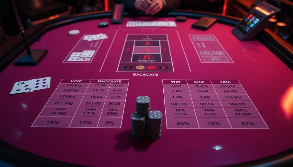Detailed statistical analysis of baccarat betting types and their win rates. A holistic view of the gaming table, with a central focus on the different betting options and their relative odds. Soft, warm lighting illuminates the table's glossy surface, creating a sense of sophistication and strategy. The various betting chips and cards are arranged in an organized manner, hinting at the careful study and optimization of gameplay. A neutral, analytical tone pervades the scene, inviting the viewer to ponder the mathematical underpinnings of this classic casino game.