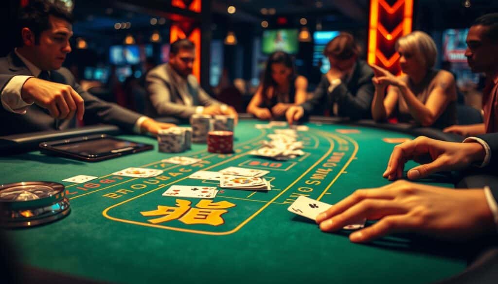 Dramatic close-up of a casino gaming table with a vibrant green felt surface, gleaming chrome accents, and the iconic 百家樂layout. In the foreground, a dealer's hands skillfully manipulate playing cards, conveying the tension and excitement of the game. The background is softly blurred, emphasizing the focus on the table and the players' intense expressions as they strategize their next moves. Warm, directional lighting casts dramatic shadows, creating a sense of high-stakes drama. The overall mood is one of concentration, anticipation, and the thrill of the game.