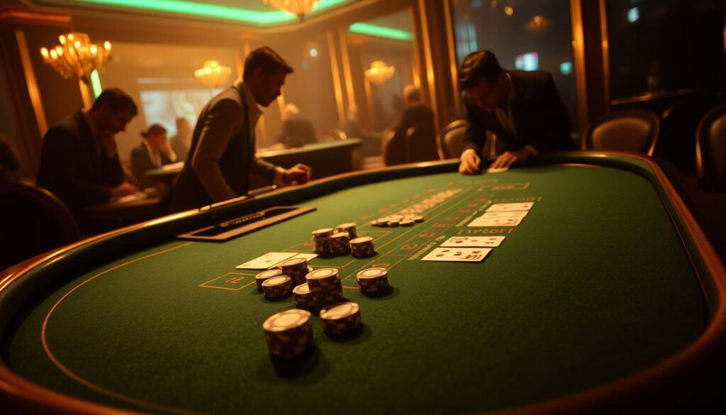Elegant baccarat table in a dimly lit casino, with a green felt surface and gilded edges. On the table, casino chips in various denominations are neatly arranged, along with a pair of dice and playing cards. Soft lighting casts a warm glow, creating an atmosphere of excitement and anticipation. In the background, silhouettes of players lean in, intently studying the table, their faces obscured in shadow. The composition emphasizes the timeless allure of the classic baccarat game, inviting the viewer to explore its strategic nuances and time-honored techniques.