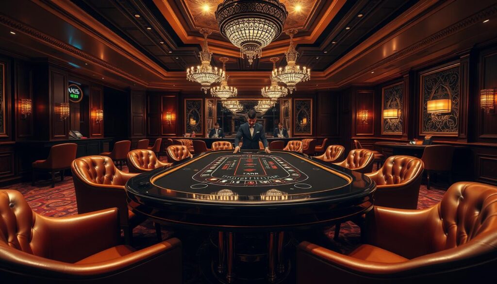 Elegant casino interior with soft lighting and warm tones. A stylish baccarat table takes center stage, surrounded by plush leather chairs and sophisticated decor. The table surface reflects the dimmed chandeliers above, creating a serene and inviting atmosphere for high-stakes gameplay. Experienced croupiers expertly handle the cards and chips, guiding players through the intricacies of the centuries-old game. Subtle detailing, such as ornate moldings and rich wood paneling, lend an air of exclusivity to the scene. The overall composition evokes a sense of refined luxury and the thrill of online gaming.