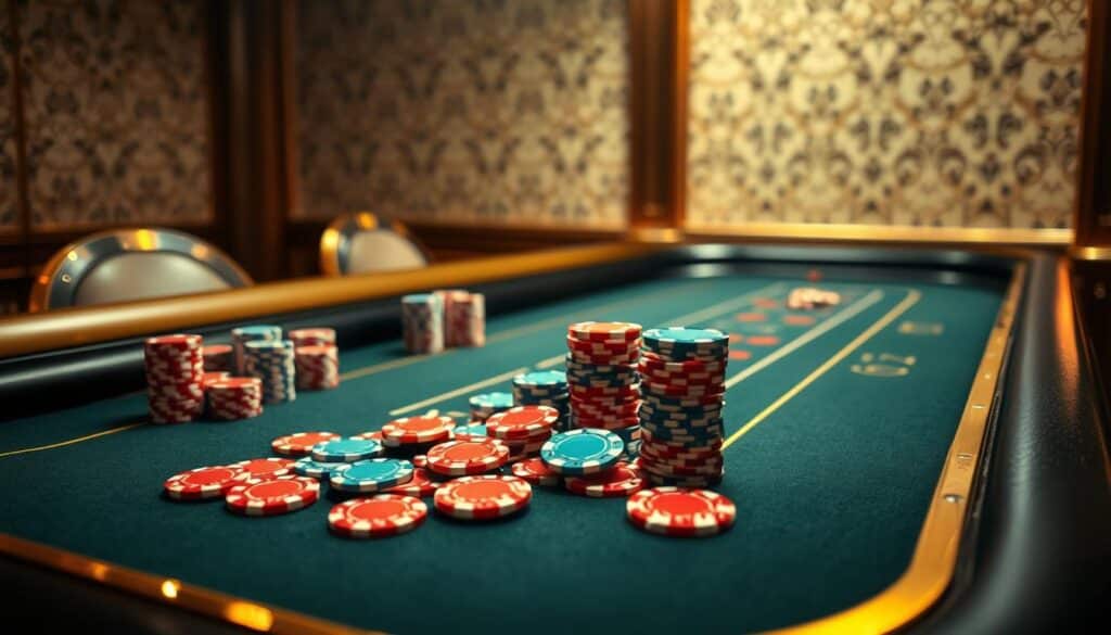 Elegant casino table with meticulously detailed felt surface, surrounded by gleaming gold-plated edges. Stacks of crisp, vibrant casino chips in alluring hues of red, blue, and green spill across the table, inviting players to partake in the thrilling game of Baccarat. Soft, warm lighting casts a gentle glow, creating an atmosphere of sophisticated excitement. In the background, a subtly patterned wallpaper in a muted palette complements the luxurious setting. The overall composition exudes a sense of opulence and the promise of potentially lucrative rewards, perfectly capturing the essence of "百家樂獎金".