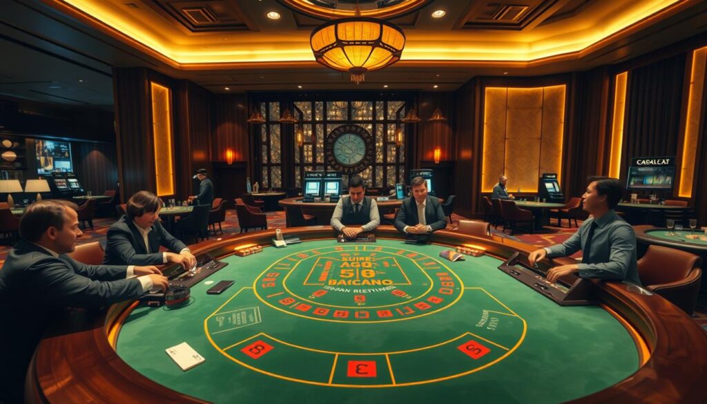 Elegant interior of a high-end casino, featuring a large baccarat table in the foreground. The table is bathed in warm, golden lighting, with plush green felt and polished wood accents. Around the table, smartly dressed players are engaged in an intense game, their faces focused and determined. In the background, a spacious lounge area with luxurious leather seating and discreet service stations. Soft jazz music fills the air, adding to the refined, sophisticated atmosphere. The camera angle is slightly elevated, giving a panoramic view of the scene and emphasizing the grandeur of the casino setting.