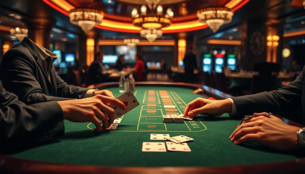 High-detailed, photorealistic image of a casino table with a game of Baccarat being played. The table is lit by warm, focused lighting that creates dramatic shadows and highlights the green felt and wood accents. The players' hands and cards are prominently featured in the foreground, with their faces slightly obscured. In the background, the casino environment is visible, with subtle hints of luxury decor and other players in the periphery. The overall atmosphere conveys a sense of intensity and concentration during a high-stakes game of Baccarat.