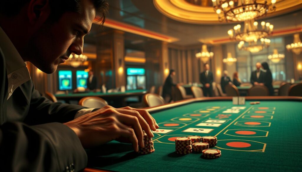 Intricate casino scene, softly lit with warm hues. In the foreground, a player's hands meticulously arranging casino chips on a green baize table, a serene expression of concentration. The middle ground showcases the iconic baccarat table, cards dealt with precision, croupiers overseeing the game with practiced ease. In the background, the elegant interior of a high-end casino, subtle details like chandeliers and plush furnishings creating an atmosphere of sophistication. The overall mood conveys a sense of strategic mastery, the player's unwavering focus on outsmarting the odds and securing a steady win.