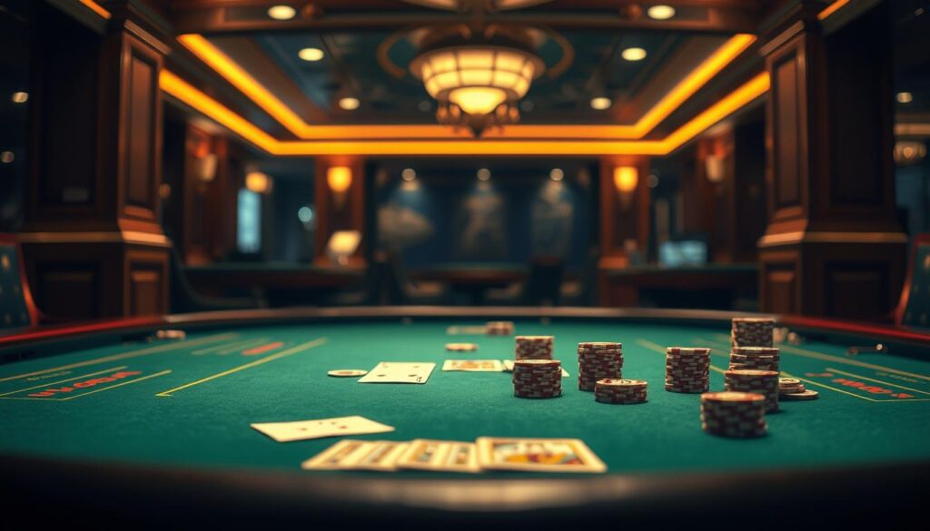 Prompt A lavish casino table, its green felt surface gleaming under warm lighting. Elegant wooden accents frame the table, creating a refined ambiance. In the center, gold-trimmed playing cards and casino chips are meticulously arranged, exuding an air of sophisticated gameplay. The background is subtly blurred, drawing the viewer's focus to the captivating details of the table. A sense of hushed anticipation permeates the scene, as if a high-stakes game of Baccarat is about to unfold. The overall composition evokes the thrill and allure of a successful Taiwanese player's journey through the world of casino gaming.