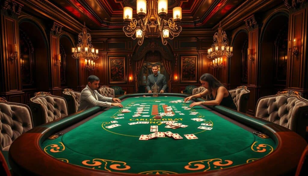 Vibrant and dynamic baccarat gaming table set against a dimly lit, luxurious casino interior. The green baize table is adorned with ornate gold trim, surrounded by plush velvet chairs. Elegant chandeliers cast a warm glow, highlighting the players' faces as they strategize their moves. Cards and chips are scattered across the table, creating a sense of anticipation and excitement. In the background, a backdrop of rich, dark wood paneling and ornate architectural details sets the sophisticated mood. The scene conveys the allure and thrill of the classic baccarat game, inviting the viewer to step into the glamorous world of casino gaming.