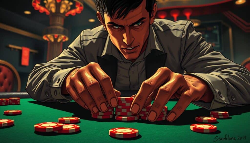 a detailed illustration of a gambler's hands placing casino chips on a green baize table, with a focused and determined expression on their face, surrounded by a dimly lit, atmospheric casino environment with subtle soft lighting, dramatic shadows, and a sense of high-stakes tension and anticipation, capturing the strategic decision-making process involved in choosing effective betting methods in the game of baccarat