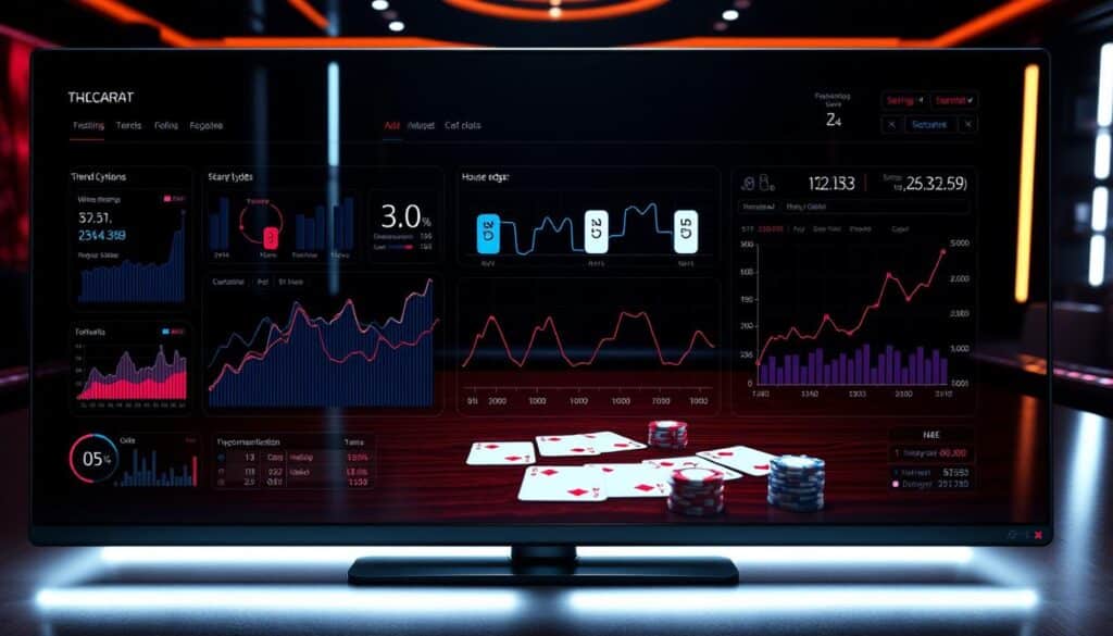 a detailed technical analysis of the baccarat gameplay trends, displayed on a sleek digital dashboard with clean lines and minimalist design. The foreground features a series of interactive charts and graphs visualizing key metrics such as winning streaks, odds fluctuations, and house edge calculations. The middle ground showcases a elegant 3D model of a casino gaming table, with the baccarat cards, chips, and other accoutrements rendered in high fidelity. The background is a dimly-lit, high-contrast environment suggestive of an upscale casino setting, with moody lighting and subtle reflections on a polished wooden surface. The overall atmosphere is one of analytical precision and strategic insight, reflecting the serious, cerebral nature of the baccarat trend analysis.
