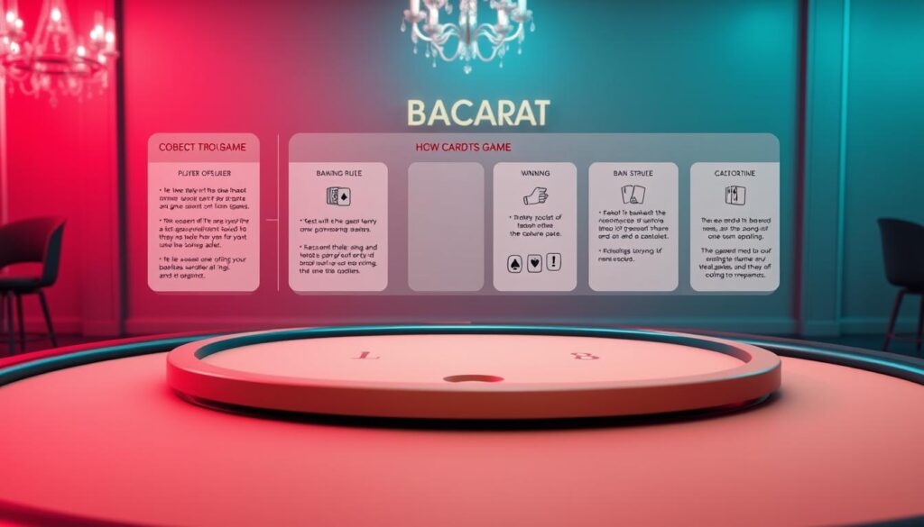a highly detailed, 3D rendered image of a visual guide illustrating the basic rules of the game of baccarat. The foreground depicts a clean, minimalist layout of the baccarat table and key elements like the player, banker, and tie betting areas. The middle ground showcases simple, yet informative icons and pictograms explaining the core game mechanics, such as the object of the game, how cards are dealt, and the winning conditions. The background has a soft, elegant lighting that creates a sophisticated, casino-like ambiance, reinforcing the high-stakes, glamorous nature of the game. The overall composition is balanced and easy to comprehend, making it an ideal visual aid to supplement an article on baccarat strategy.