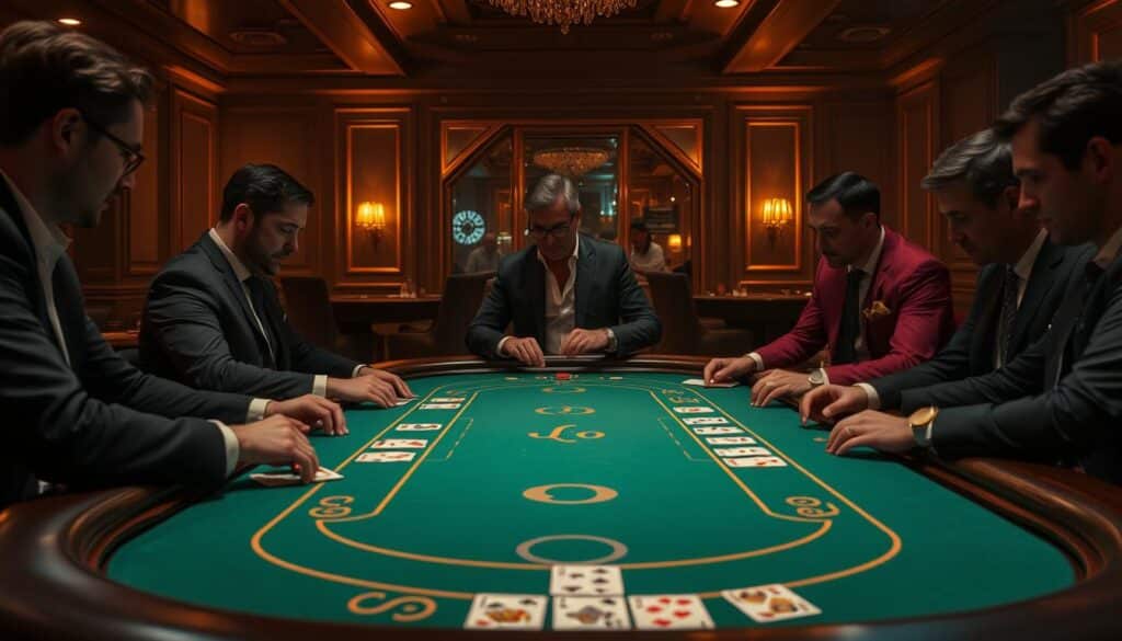 a professional and elegant casino table in a dimly lit, luxurious gaming hall, with a green felt surface and wooden edges, surrounded by smartly dressed players engaged in an intense game of baccarat, their faces focused and determined as they carefully consider their next moves, the table illuminated by warm, subtle lighting that creates a sense of drama and anticipation, the scene captured from a slightly elevated angle to convey the energy and atmosphere of the high-stakes baccarat game, with a sense of movement and dynamism conveyed through the players' gestures and the flow of the cards across the table.